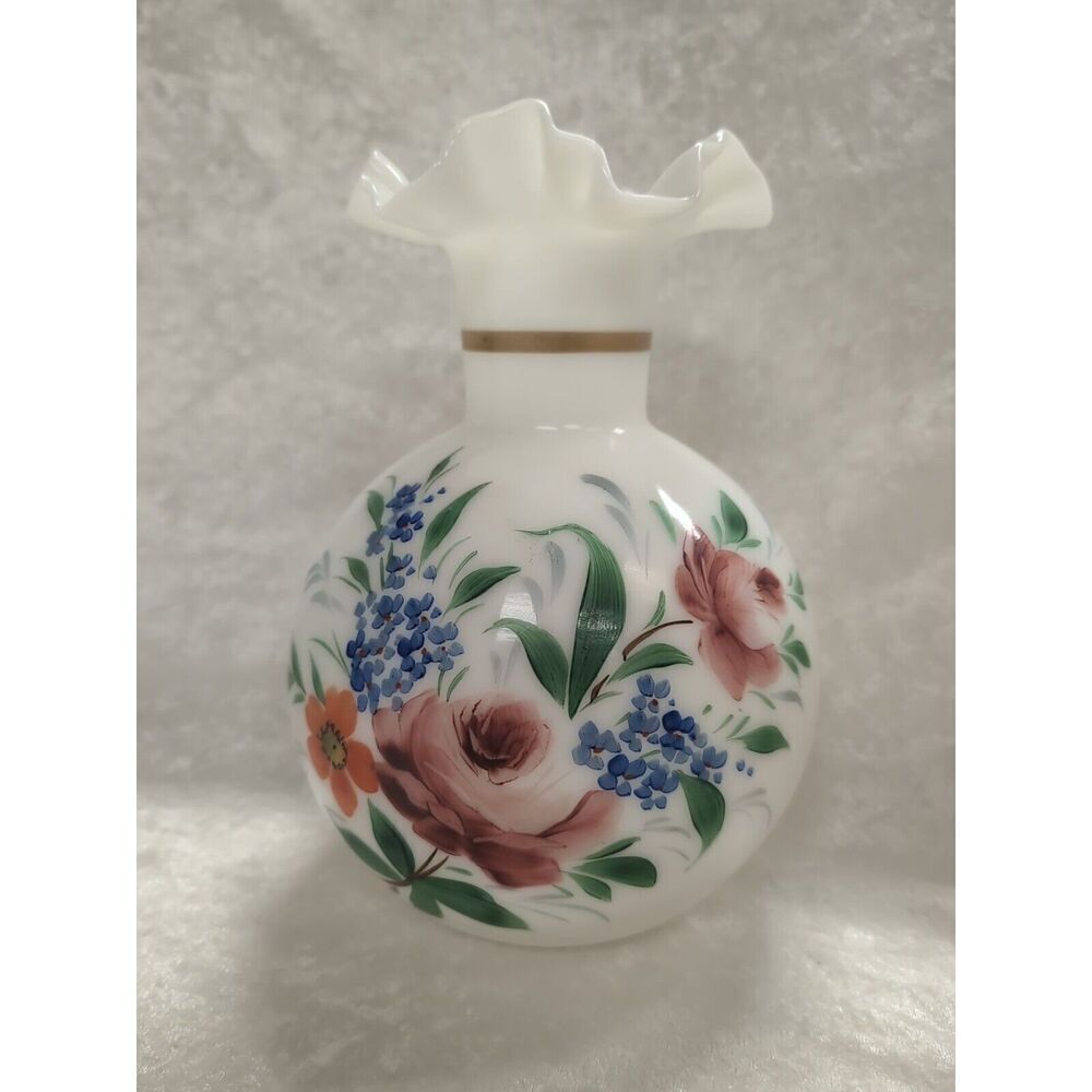 Consolidated Milk Glass Hand Painted Rose Flower Ruffled Edge Vase 9” Tall